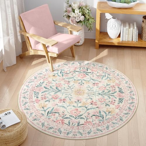 Pink Floral Round Rugs 5ft