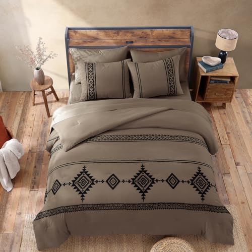 Embroidery Queen Comforter Set 7 Pieces Taupe Grey Bed in a Bag