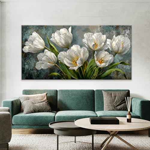 Oversized Canvas Wall Art Decor White Tulip Flower Canvas Art Wall Decor For Living Room Modern Floral Botanical Wall Art Prints Elegant Nature Flower Wall Art For Bedroom Home Office Decor 29"×58"