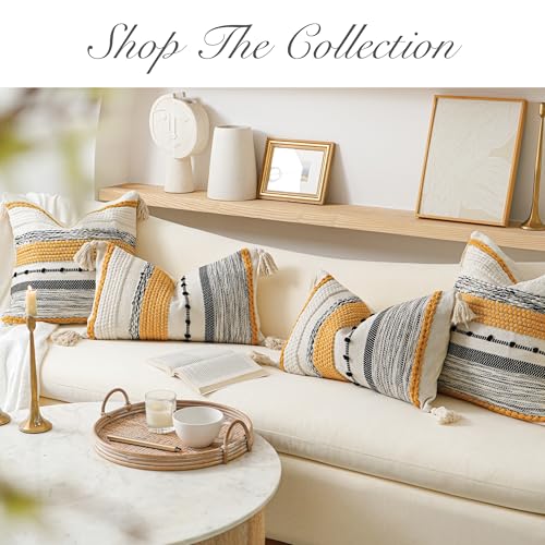 Yellow Mustard Decorative Throw Pillow Cover 18x18 Square Boho Accent Pillowcase Tassels Farmhouse Cushion for Couch Sofa Bedroom Living Room Home Décor Cover ONLY