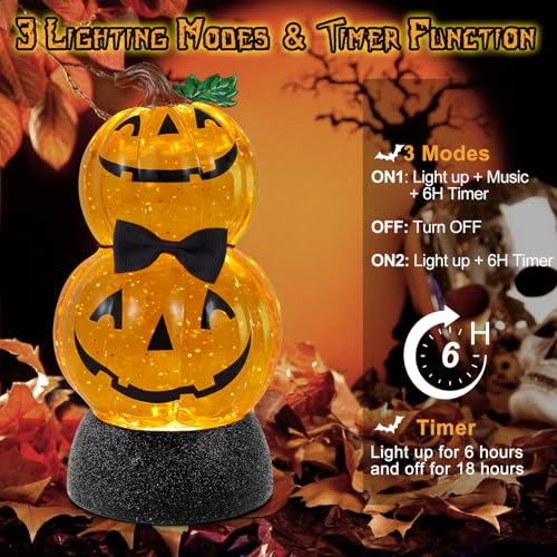 Halloween Snow Globe Lantern Lighted Pumpkin Musical Snow Globe Glitter with 6H Timer Battery and USB Operated Halloween Snow Globes Water Lantern for Spooky Festival Party Decoration