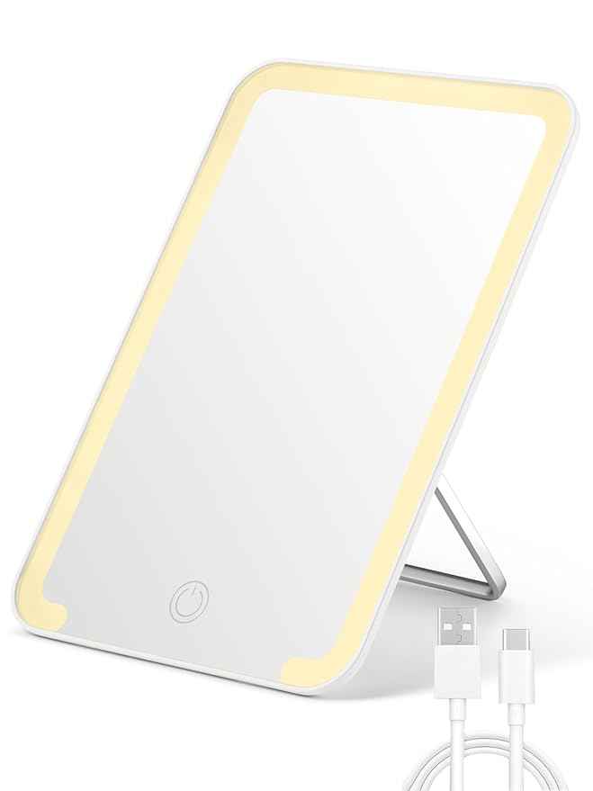 OMIRO Lighted Travel Makeup Mirror, 8 x 5 inches Desk Mirror with Foldable Stand and 3 Lighting Modes for Shaving and Travelling, White