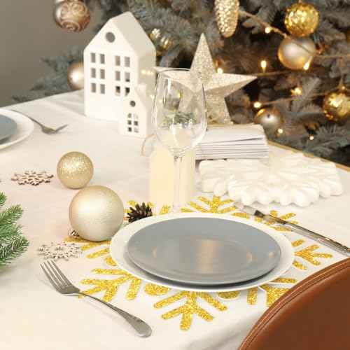 60Pcs Christmas Snowflake Paper Placemat Disposable Gold Glitter Snowflake Shaped Dining Table Setting for Winter Xmas Holiday Wedding Birthday Party Kitchen (60 Count)