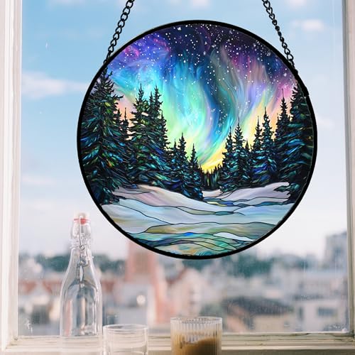 Aurora Landscape Stained Glass Window Hanging Suncatcher Xmas Gifts 15"