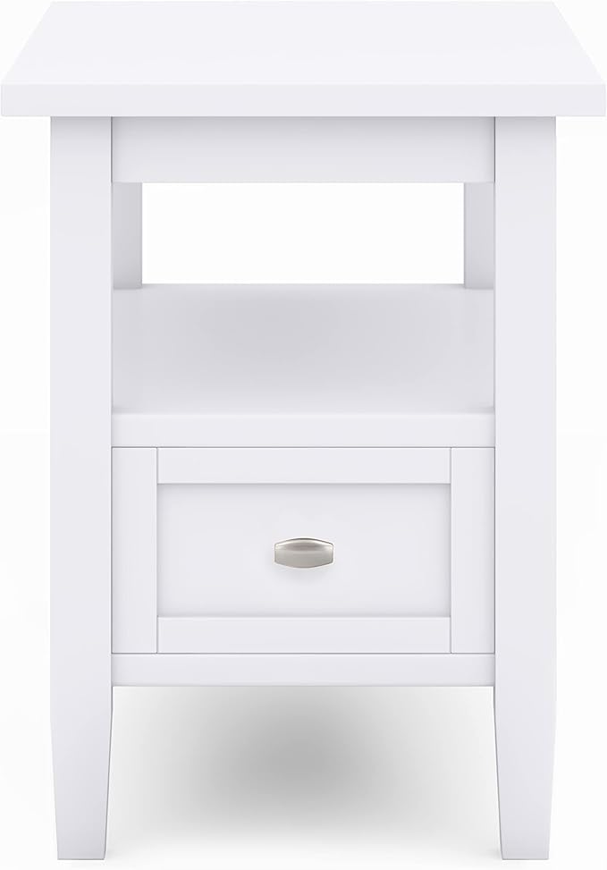 SIMPLIHOME Warm Shaker End Table - 14 inch Wide Solid Wood Narrow Side Table in White, Transitional Accent Table for Living Room or Bedroom with Drawer, Open Shelf and Square Tapered Legs