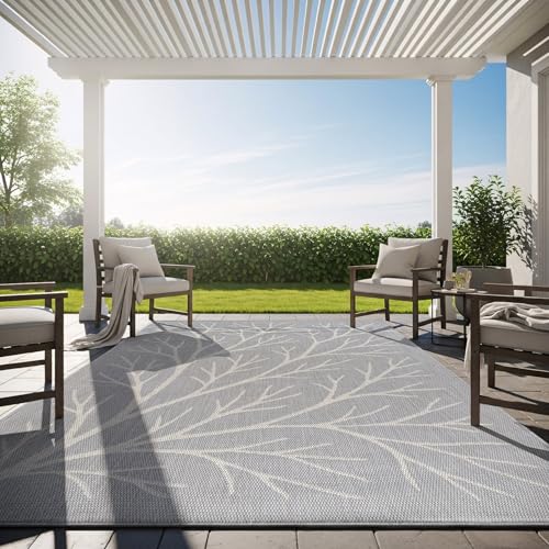 Washable Indoor Outdoor Rug 9x12 Modern Area Rugs Branch Pattern Non Shedding Waterproof Easy Clean Patio Deck Porch Living Room Bedroom Garden RV (108 Sq Ft)