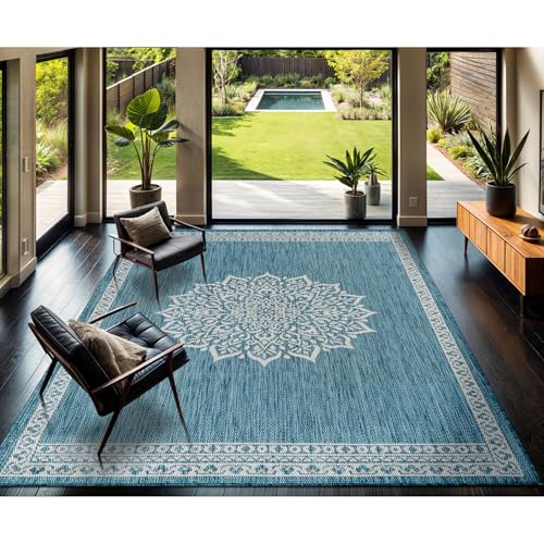 Outdoor Rug 9x12 Medallion Aqua Modern Large Area Rugs for Indoor and Outdoor Patios Kitchen and Hallway Mats Washable Porch Deck Outside Carpet (108 Sq Ft)