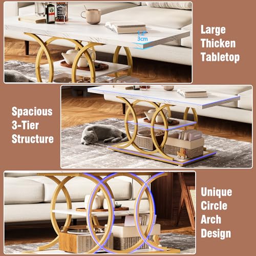 Rustic Coffee Table with Storage Modern 3 Tier Center Living Room Table Faux Marble Wooden Rectangle Cocktail Tea Table for Office Bedroom Elegant Full Moon Design