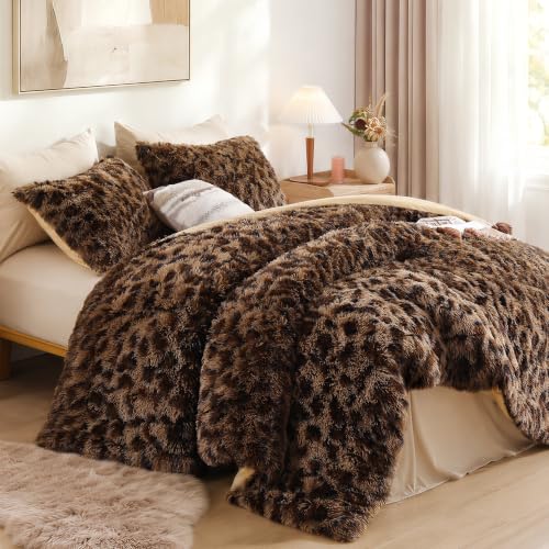Fluffy King Size Comforter Set Leopard Print Faux Fur Comforter 3Pcs