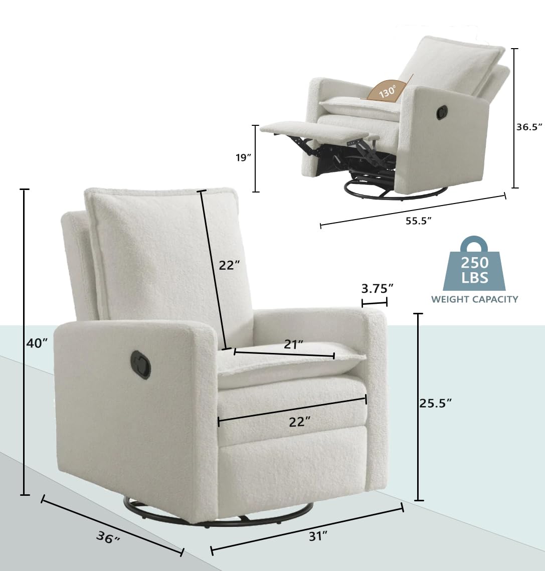 Uptown Upholstered Glider Recliner Rocking Chair 360° Swivel for Nursery and Living Room