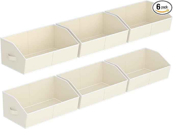 Storage Bins for Shelves - Large Trapezoid Closet Shelf Organizer, Fabric Organization Bins with Handles, Storage Baskets for Clothes, Towel, Purse, 6 Pack, Beige