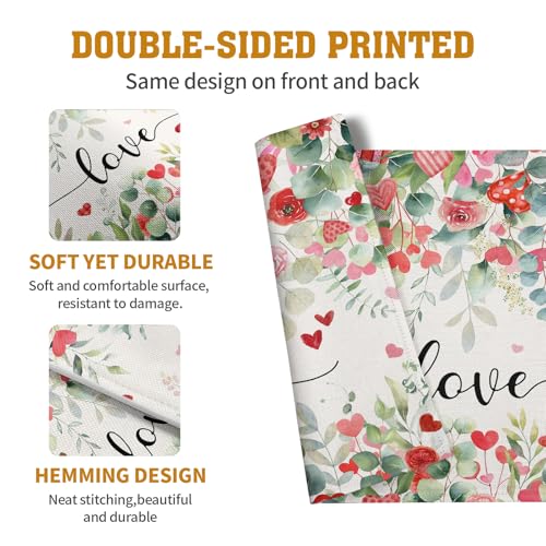 Valentines Day Love Heart Rose Placemats Set of 4 Valentine Eucalyptus Leaves Linen Table Mats Heat 12x18 Inch Spring Resistant Washable Table Mats for Kitchen Dining Decoration (4 Count)