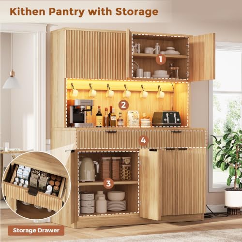 Fluted Kitchen Pantry Storage Cabinet with Charging Station & LED Lights