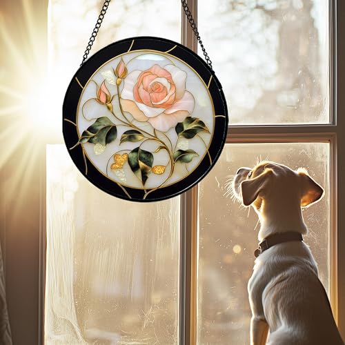 Pink Rose Stained Glass Window Hanging Suncatcher Gifts for Women 9.8"