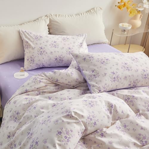 Vintage Floral Comforter Set Queen Purple Flower Bedding Comforter for Queen Bed Boho Garden Floral Botanical Comforter with 2 Pillowcases Farmhouse Bedding Girls Floral Comfy Comforter Set