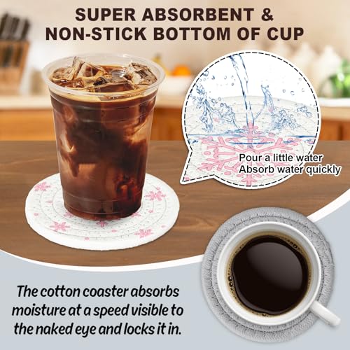 Winter Snowflake Coasters Handmade Braided Cotton Drink Coasters Pink Gray Christmas Snowflake Absorbent Cup Mats for Drinks Coffee Xmas Holiday Party Home Office Desk Table Decor (4 Count)