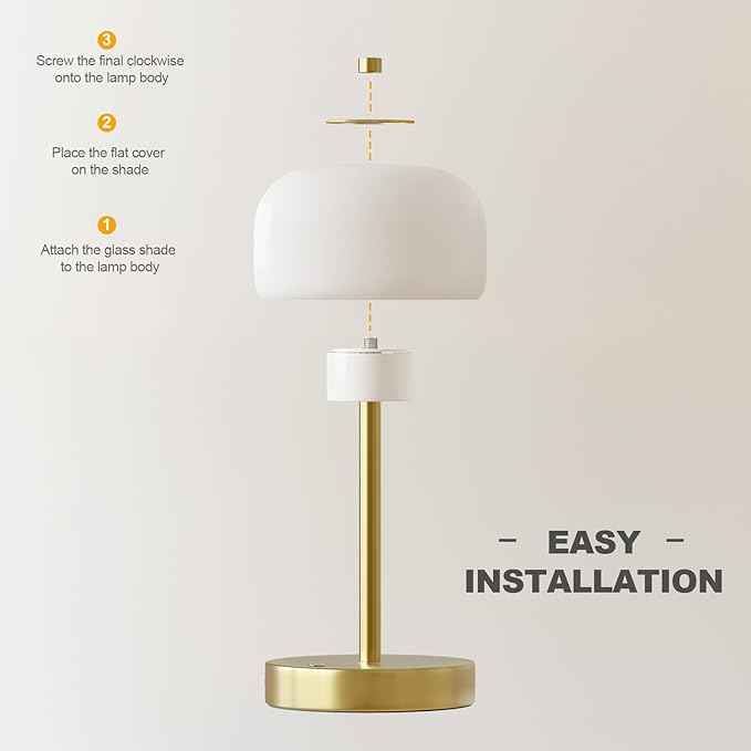 Oneach 9" Cordless Table Lamps Set of 2, Gold Rechargeable Battery Operated Lamp, 3-Way Stepless Dimming Touch Mushroom Lamps, Small Glass Nightlight for Bedroom Dining Table Living Room Shelf Decor