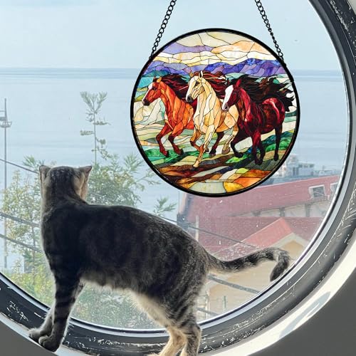 Running Horses Stained Glass Window Hanging Suncatcher Gift for Women 15"