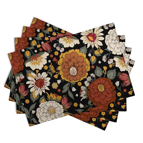 Black Boho Floral Placemats Set of 4 Spring Summer Vintage Flowers Botanical Decorative Table Mats Mid Century Modern Linen Place Mats for Party Kitchen Dining Outdoor Indoor Decor (4 Count)