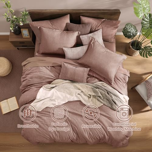 Queen Comforter Set 7 Pieces Dusty Pink Cationic Dyeing Bed in a Bag