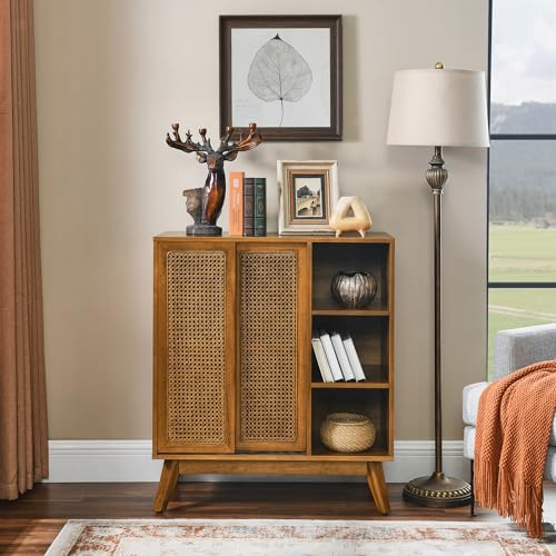 32" Mid Century Modern Rattan Sideboard Cabinet with 2 Sliding Doors