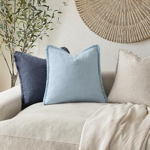 Decorative Linen Fringe Throw Pillow Covers 20×20 Light Blue (2 Count)
