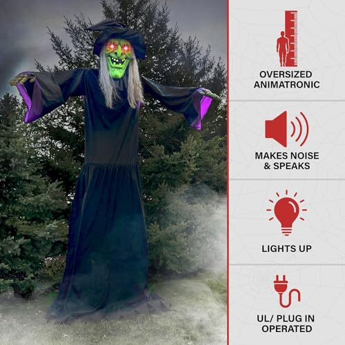 15.1 Ft. Mounted Flying Witch Animatronic with Lights (15ft Animated Towering Witch)