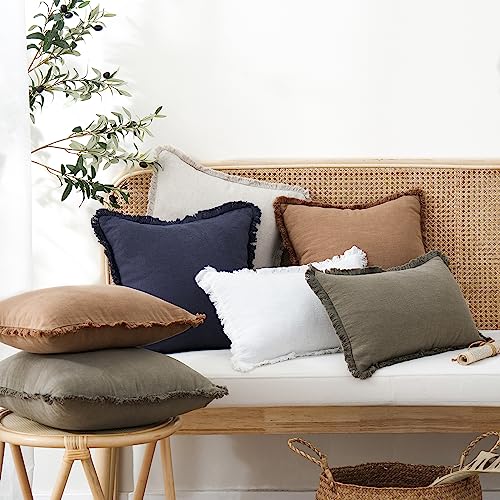 Decorative Linen Fringe Throw Pillow Covers 20×20 Khaki Brown (2 Count)