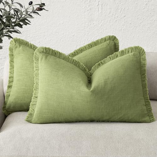 Boho Linen Fringe Lumbar Throw Pillow Covers 12×20 Lush Green (2 Count)