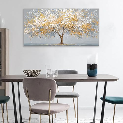 Large Canvas Wall Art Decor Gold Silver Tree of Life Canvas Art Wall Decor For Living Room Modern Botanical Nature Wall Art Prints Abstract Tree Canvas Art For Bedroom Home Office Decor 24"×48