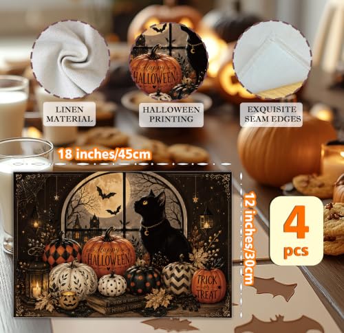 Halloween Placemats Set of 4 Black Cat Pumpkin Linen Table Mats 18x12 Inch (4 Count)