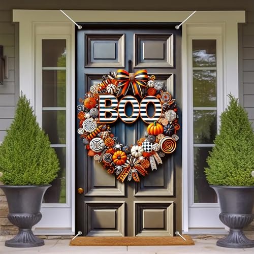 Halloween Door Cover Spiders Swirl Ribbon 35x71 Inch Polyester