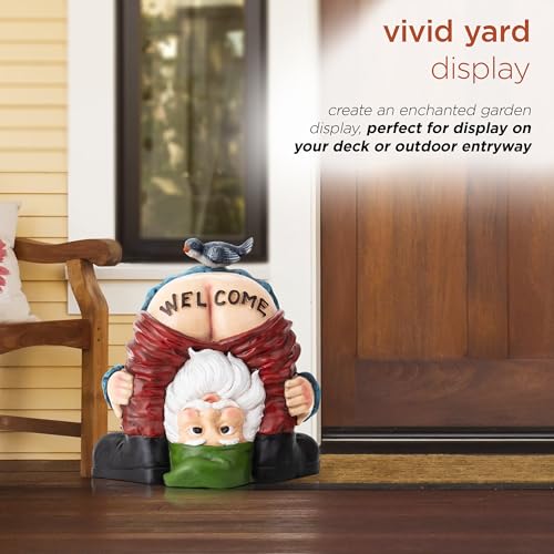 22" Tall Outdoor Mooning "Welcome" Gnome Statue with Bird Figurine