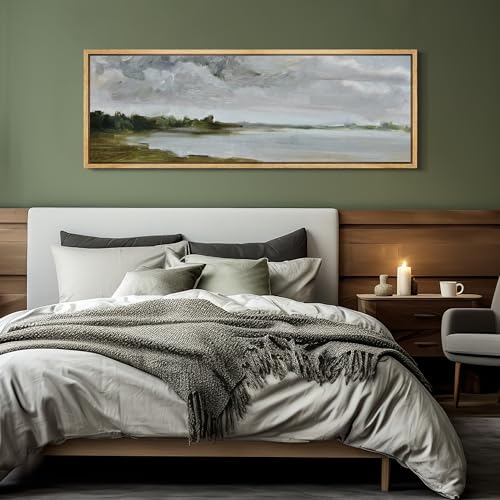 Large Framed Canvas Print Wall Art Tranquil Landscape Soft Brushstroke Lake Scene Illustrations Antique Retro Fine Art Illustrations Decorative Colorful for Bedroom