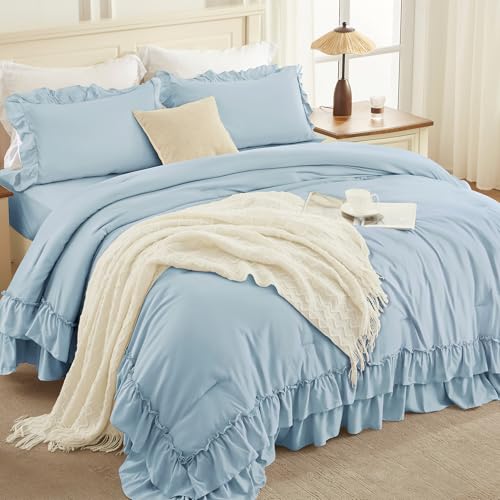 Light Blue Twin Size Ruffle Comforter Set