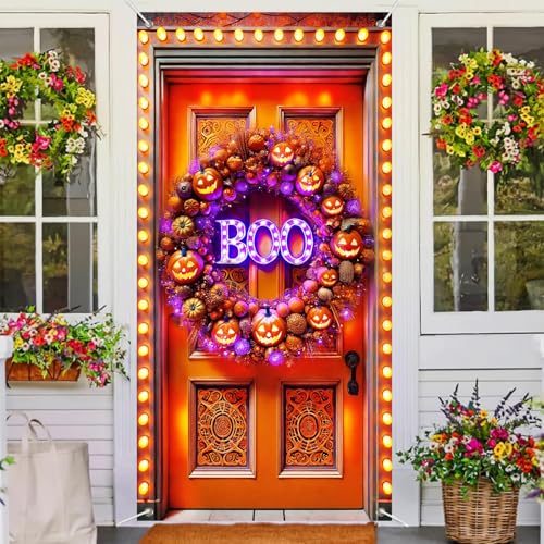 Halloween Door Banner LED Pumpkin Wreath 35x71 Inches Spooky Lit “Boo” Decor with String Lights & Jack