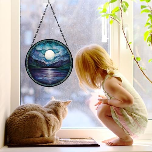 Blue Moon Lake Stained Glass Window Hanging Suncatcher Gift for Women 7.8"