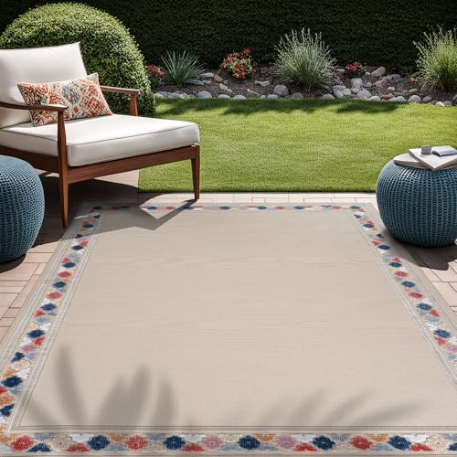 Outdoor Rug 4x6 Modern Bordered Area Rugs for Indoor and Outdoor Patio Easy to Clean Non Shedding Living Room Porch Garden Washable Outside Carpet