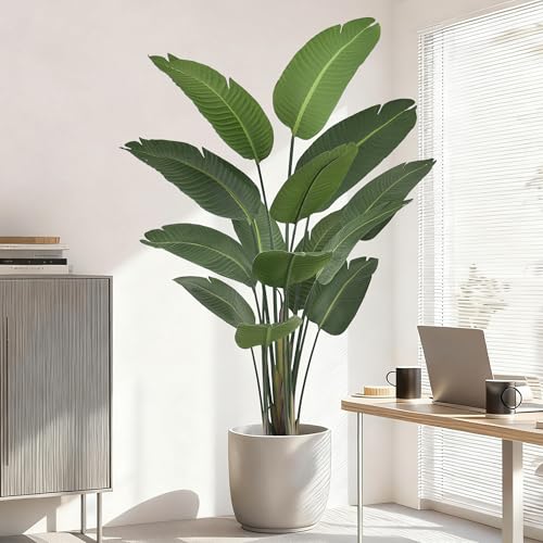 Artificial Bird of Paradise Tree 6FT 13 Thick Matte Texture Leaves Tall Large Fake Faux Tropical Traveler's Palm Banana Leaf Plant 72 Inch Black Pot for Indoor Home Office Poolside Decor