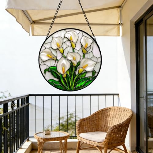 White Calla Lily Bouquet Stained Glass Window Hanging Suncatcher Gifts 9.8"