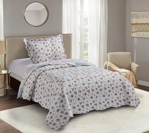 Pink Roses & Blue Checks Patchwork Quilt Set