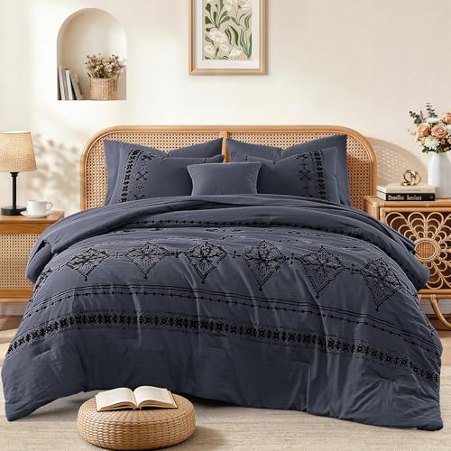 King Size Comforter Set Embroidery Floral 7 Pieces Bed in a Bag