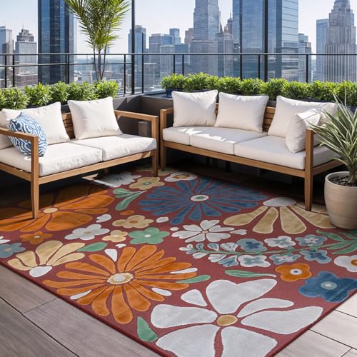 Outdoor Rug 10x14 Large Modern Floral Tropical Area Rugs for Outdoor and Indoor Patio Easy to Clean Non Shedding Living Room Porch Garden Washable Outside Carpet (140 Sq Ft)