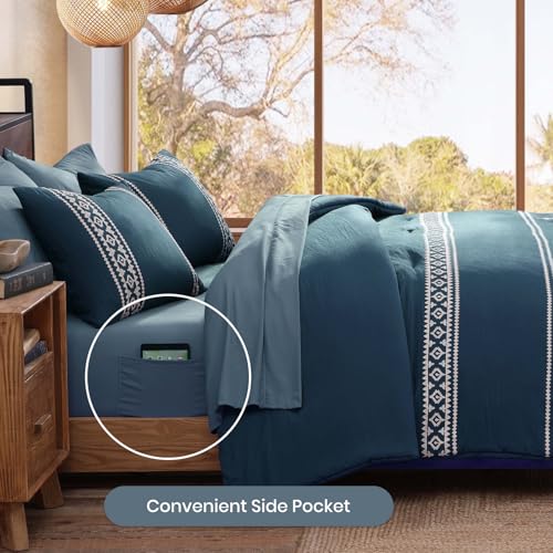Embroidery King Size Comforter Set 7 Pieces Navy Blue Bed in a Bag