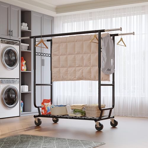 Clothing Rack 650LBS Heavy Duty Collapsible Double Rods Shelves