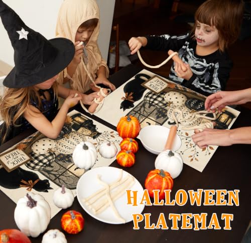 Halloween Placemats Set of 4 Black Cat Pumpkin Linen Mats Farmhouse 18x12 (4 Count)