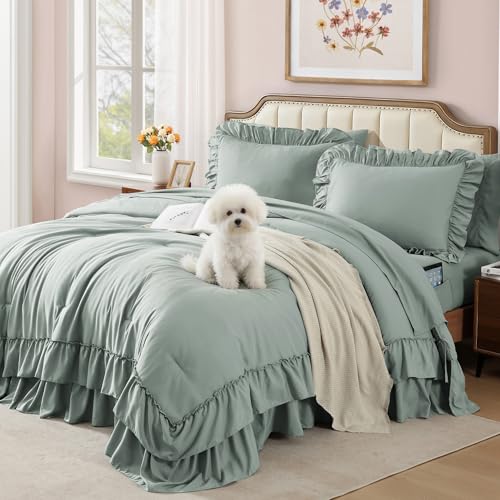 Queen Comforter Set Sage Green Ruffle 7 Pieces Farmhouse Bed in a Bag