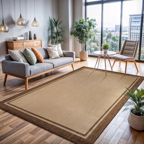Outdoor Rug 9x12 Bordered Natural Brown Modern Area Rugs for Indoor and Outdoor Patios