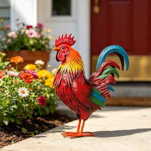Rooster Garden Statue Sculpture Metal Chicken Yard Decor Outdoor Figurines Patio Backyard Decoration