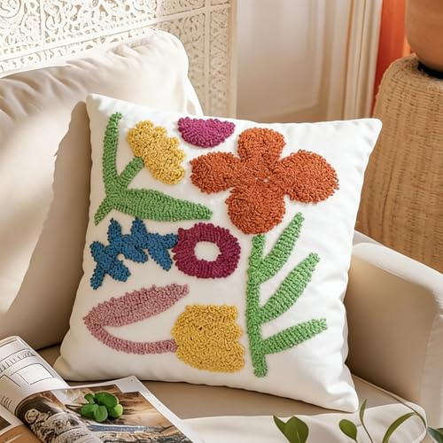 Throw Pillow Covers 18x18 Boho Tufted Bright Floral for Sofa